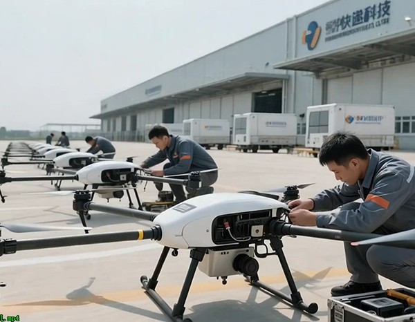 工人户外调试多架无人机