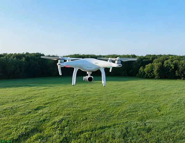 草地森林上空飞行的无人机